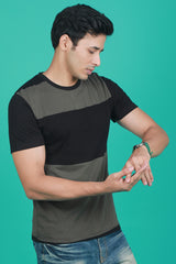 Men's Navy/Green Striped Round Neck T-shirt