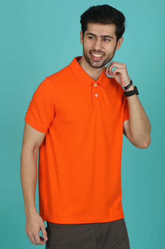 Men's Orange Enzyme Wash Pique Polo T-shirt