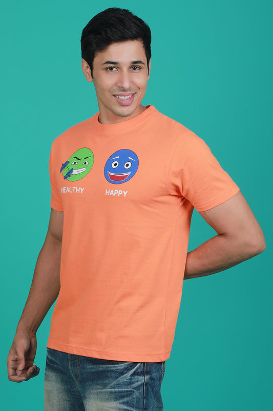 Men's Orange Printed Single Jersey Round Neck T-shirt