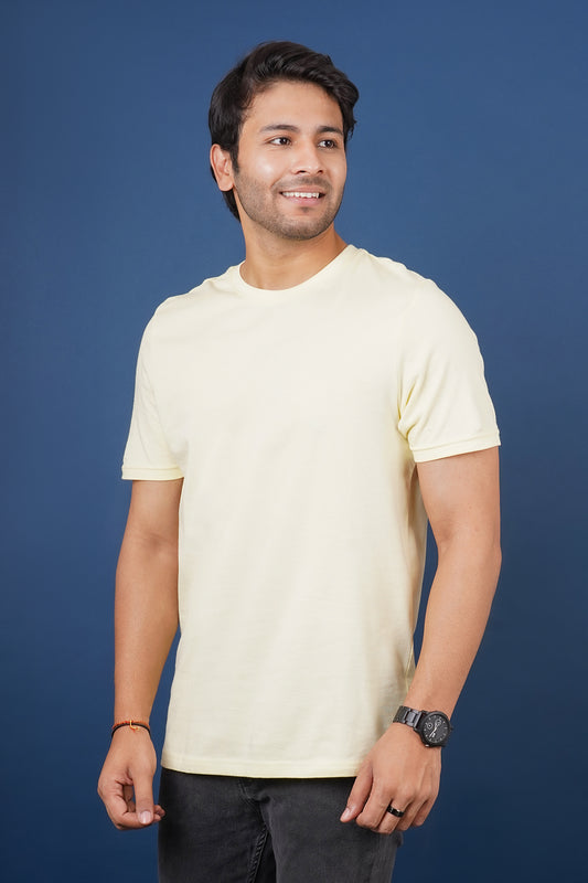 Men's Lt.Yellow Single Jersey  Round Neck T-shirt