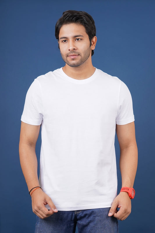 Men's White Single Jersey  Round Neck T-shirt