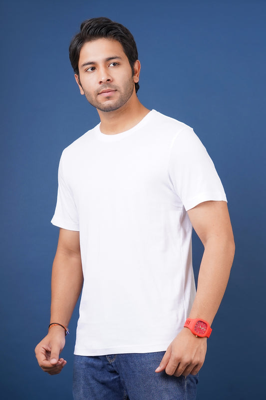 Men's White Single Jersey  Round Neck T-shirt