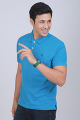 Men's Teal Blue Pique Polo T-shirt with Logo Embroidery