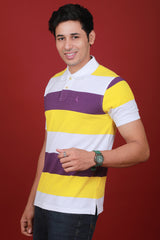 Men's Cyber Yellow/White/Purple Striped Pique Polo T-shirt