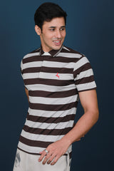 Men's Brown/Grey Striped Mercerized Single Jersey Polo T-shirt