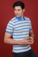 Men's White/Blue/Grey Striped Single Jersey Polo T-shirt