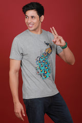 Men's Grey Melange Printed Single Jersey Round Neck T-shirt