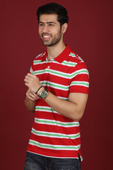 Men's Red/White/Green Striped Single Jersey Polo T-shirt