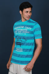 Men's Blue Single Jersey Printed Round Neck T-shirt