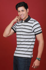 Men's Grey/White/Black Striped Pique Polo T-shirt