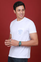 Men's White Single Jersey Printed Round Neck T-shirt With Pocket