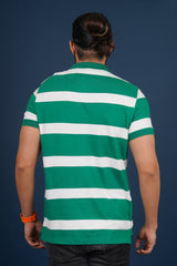 Men's Green/White Striped Single Jersey Polo T-shirt