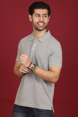 Men's Grey Melange Enzyme Wash Pique Polo T-shirt