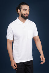 Men's white core pique polo t-shirt with pocket