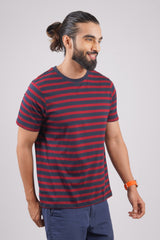 Men's Navy/Maroon striped round neck t-shirt