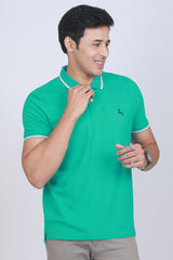 Men's Pool Green Lycra Pique Polo Tipping Collar T-shirt