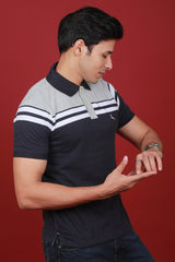 Men's Dark Navy/White/Grey Striped Single Jersey Polo T-shirt