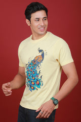 Men's Light Yellow Printed Single Jersey Round Neck T-shirt