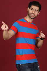 Men's Red/Royal Blue Striped Round Neck T-shirt