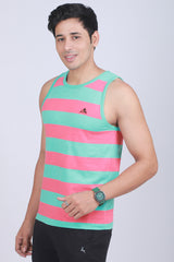 Men's Aqua/Coral Single Jersey Sleeveless Striped T-shirt