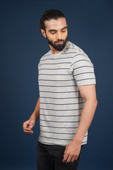 Men's Grey Melange/Navy striped round neck t-shirt