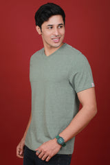 Men's Olive Melange V-neck T-shirt