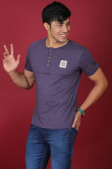 Men's Purple Melange Single Jersey Henley Neck T-shirt