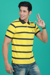 Men's Cyber Yellow/Black Striped Single Jersey Polo T-shirt