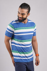 Men's Blue/White/Green striped round neck t-shirt