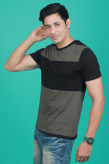 Men's Navy/Green Striped Round Neck T-shirt