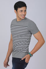 Men's Anthra Mel/White Striped Round Neck T-shirt