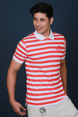 Men's Red/White Striped Pique Polo T-shirt