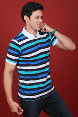 Men's Light Blue/White/Black/Blue Striped Pique Polo T-shirt