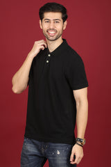 Men's Black Enzyme Wash Pique Polo T-shirt