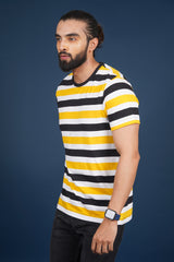 Men's Yellow/Black/White striped round neck t-shirt