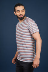 Men's Grey/Orange/Blue striped round neck t-shirt