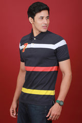 Men's Black/White/Red/Yellow Striped Single Jersey Polo T-shirt