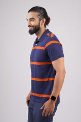 Men's Navy/Orange Striped single jersy polo t-shirt