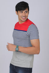 Men's Grey/Red/Blue Striped Round Neck T-shirt