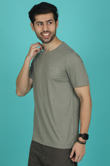 Men's Olive Melange Round Neck T-shirt with Logo