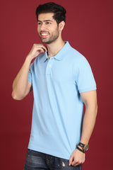 Men's Sky Blue Enzyme Wash Pique Polo T-shirt