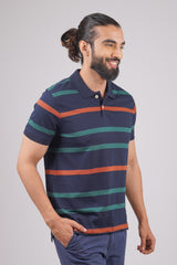 Men's Navy/Orange/Green Striped single jersey polo t-shirt