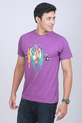 Men's Purple Printed Single Jersey Round Neck T-shirt