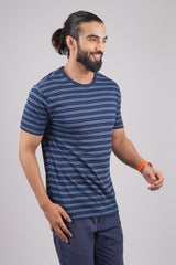 Men's Light Blue/Navy striped round neck t-shirt