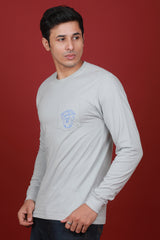 Men's Grey Single Jersey Printed Full Sleeve T-shirt With Pocket