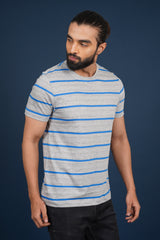 Men's Grey Melange/Blue striped round neck t-shirt