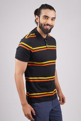 Mens Black/Yellow/Orange Striped single jersey polo t-shirt