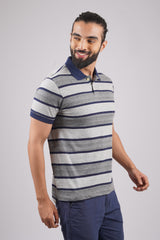 Mens Grey/Navy Striped single jersey polo t-shirt