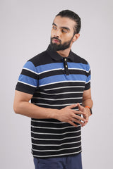 Men's Black/Blue/White Striped Pique Polo T-shirt