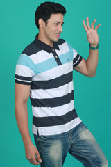 Men's White/Blue/Navy Striped Single Jersey Polo T-shirt